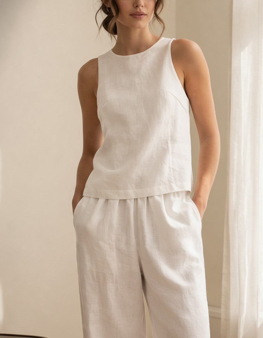 White Linen Two Piece Set, Sleeveless Linen Top and Wide Leg Pants, Minimalist Linen Outfit, Loose Linen Loungewear Set