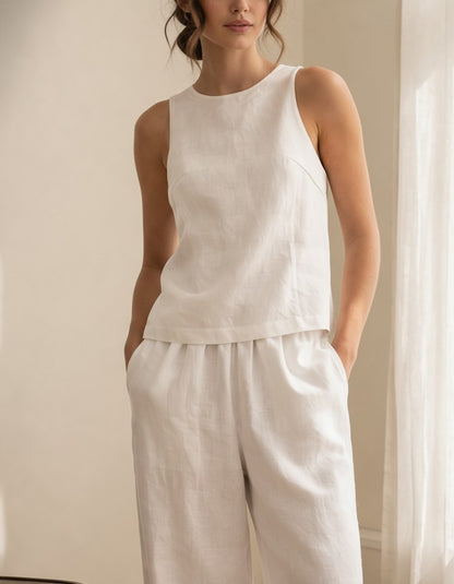 White Linen Two Piece Set, Sleeveless Linen Top and Wide Leg Pants, Minimalist Linen Outfit, Loose Linen Loungewear Set