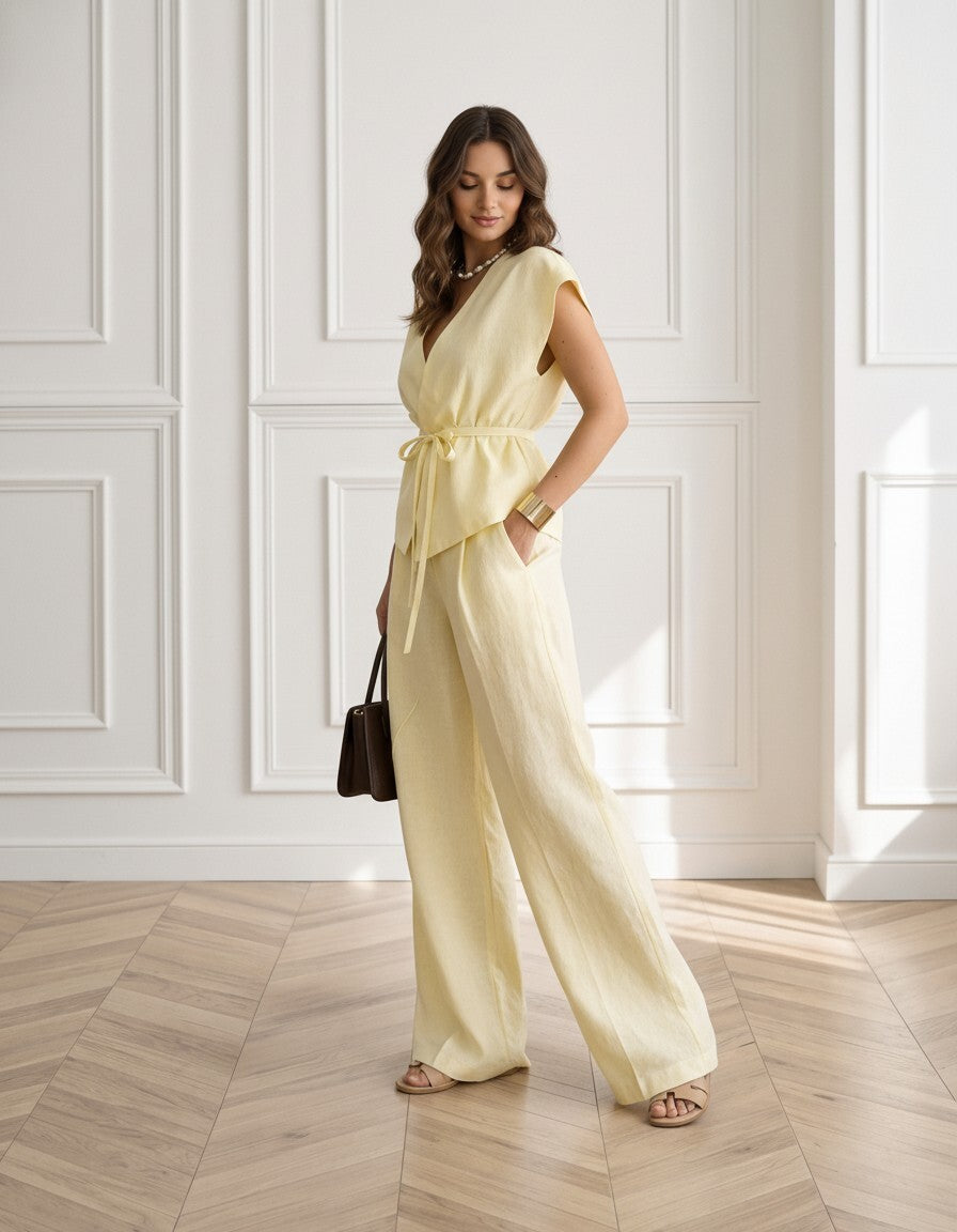 Linen Matching Set, V Neck Tie Waist Top and Wide Leg Trousers, Soft Linen Co Ord Set, Resort Outfit, Elegant Summer Wear