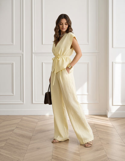 Linen Matching Set, V Neck Tie Waist Top and Wide Leg Trousers, Soft Linen Co Ord Set, Resort Outfit, Elegant Summer Wear