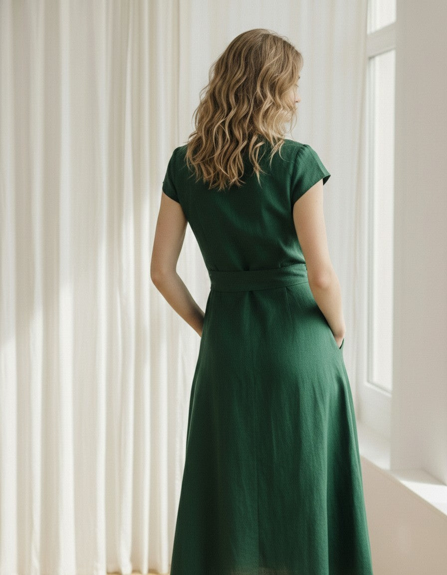 Emerald Green Linen Midi Dress, Wrap V Neck Dress, Tie Waist A Line Dress, Short Sleeve Elegant Summer Dress